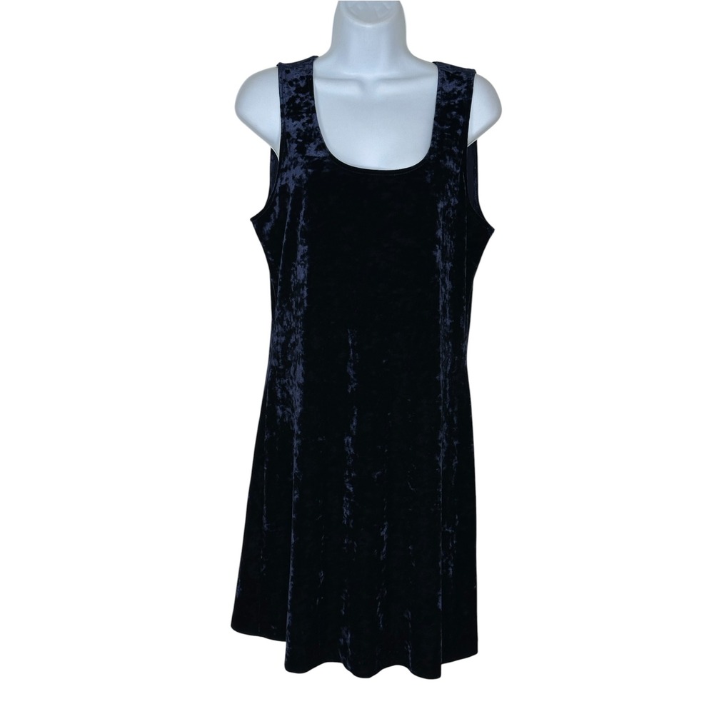 Marian & Maral Dress Large Navy Blue Crushed Velvet Sleeveless Shift Vintage USA